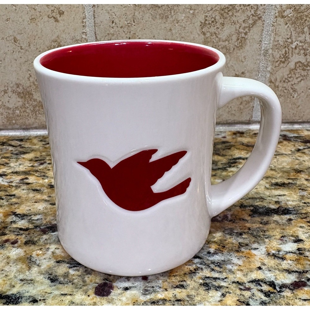 Starbucks Coffee Mug 2008 Christmas Dove Embossed Red White 12 fl Oz